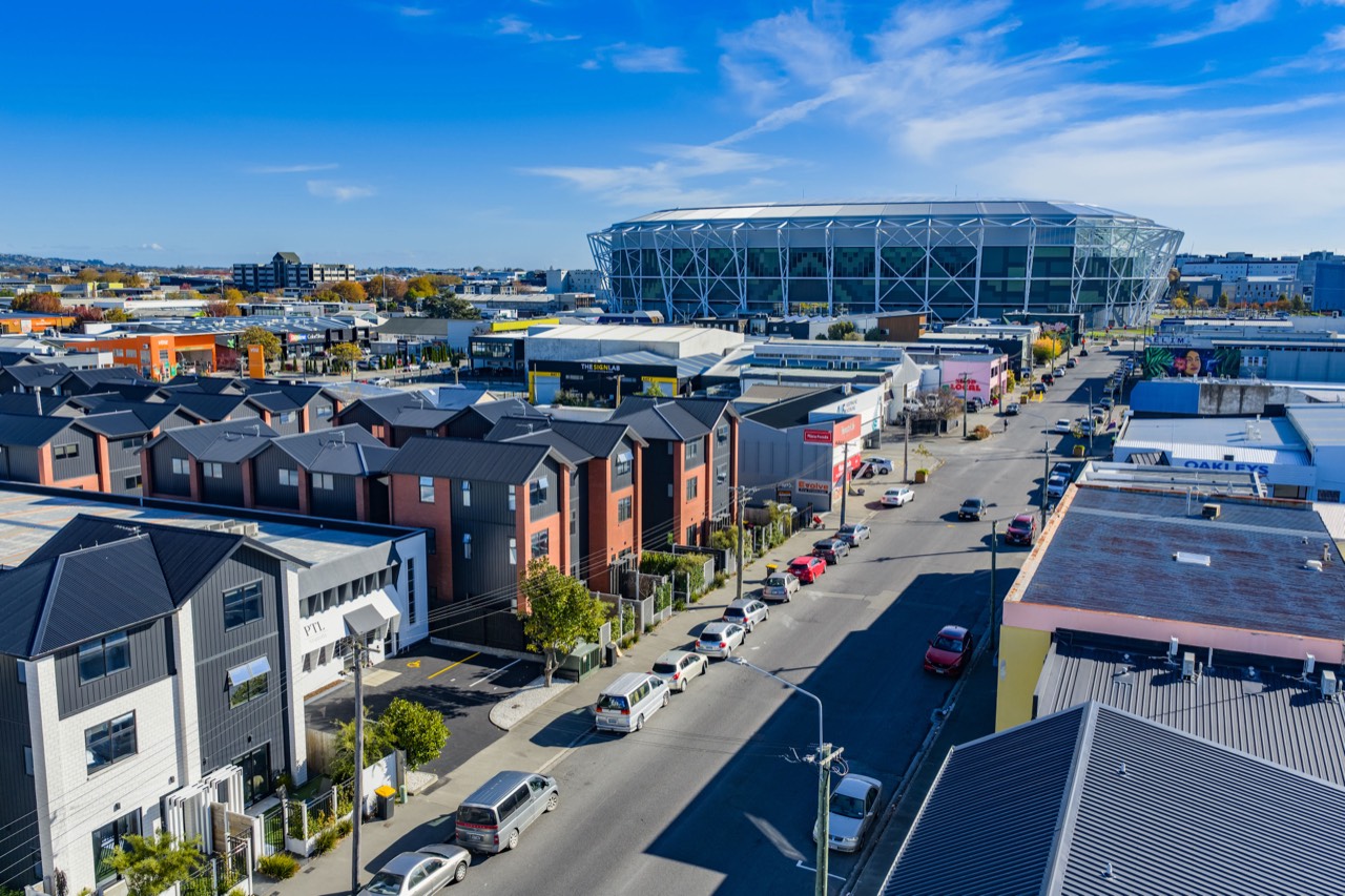 Aerial view along Cashel Street towards Te Kaha stadium